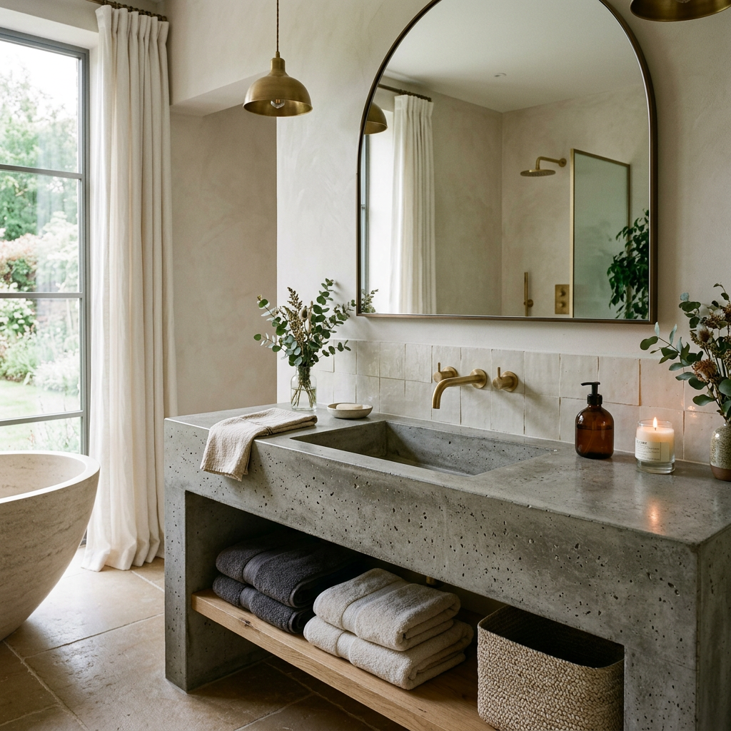 Concrete bathroom vanity with brass fixtures, towels, and plants