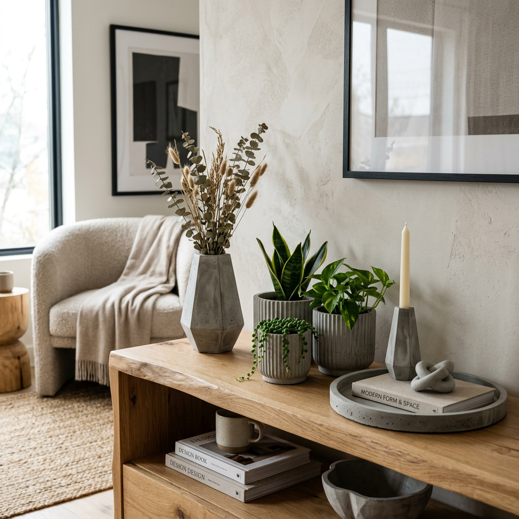 Wooden shelf displaying potted plants, dried floral arrangement, candle on tray, and design books with a cozy chair in the background