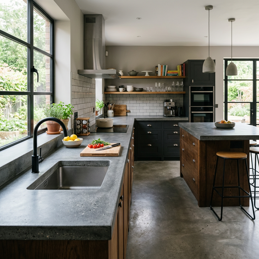 Modern kitchen with concrete countertops, wooden cabinets, indoor plants, and large windows overlooking a garden