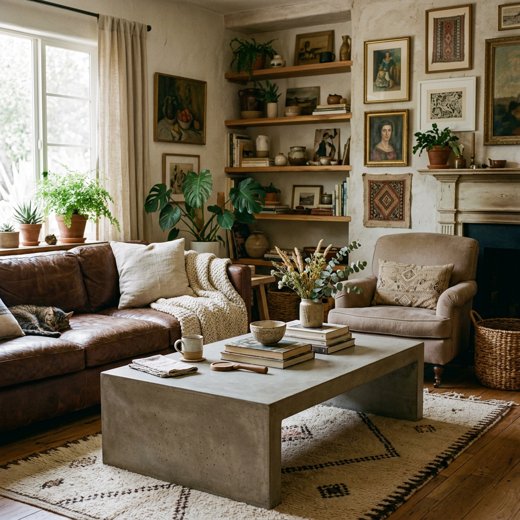 Living room with brown leather sofa, beige armchair, concrete coffee table, plants, and wall art